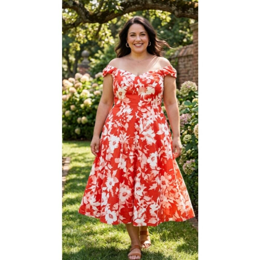 The J. Peterman Company Floral Red & White Summer Dress Size 22 EUC